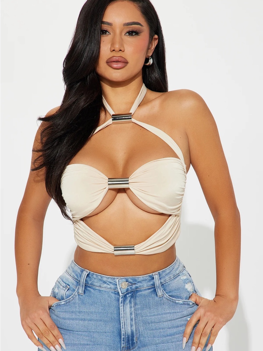 Fashion Nova Cream Halter Cutout Crop Top with Metal Accents